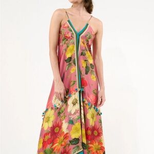 Aratta My Valentine Dress Pink Floral V-Neck Maxi Dress with Turquoise Trim